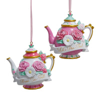 Floral Teapot With Sayings Ornaments