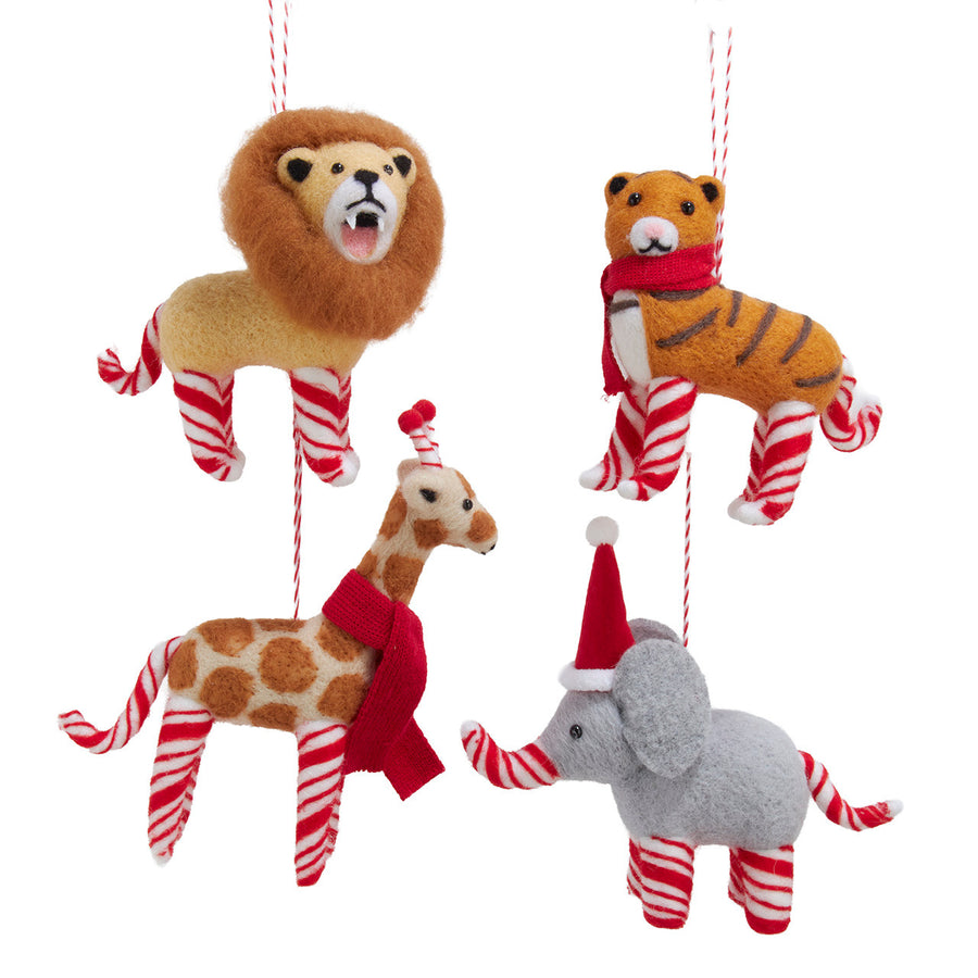 Candy Cane Lion, Giraffe, Tiger & Elephant Ornaments