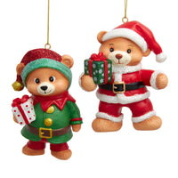 Santa Bear & Elf Bear With Presents Ornaments