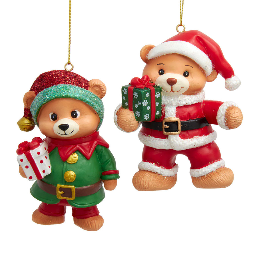 Santa Bear & Elf Bear With Presents Ornaments
