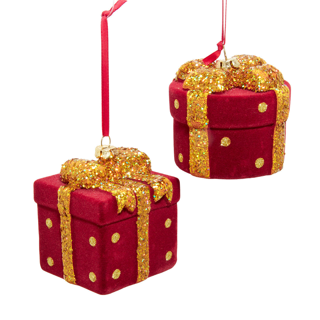Burgundy & Gold Flocked Gift Box Ornaments