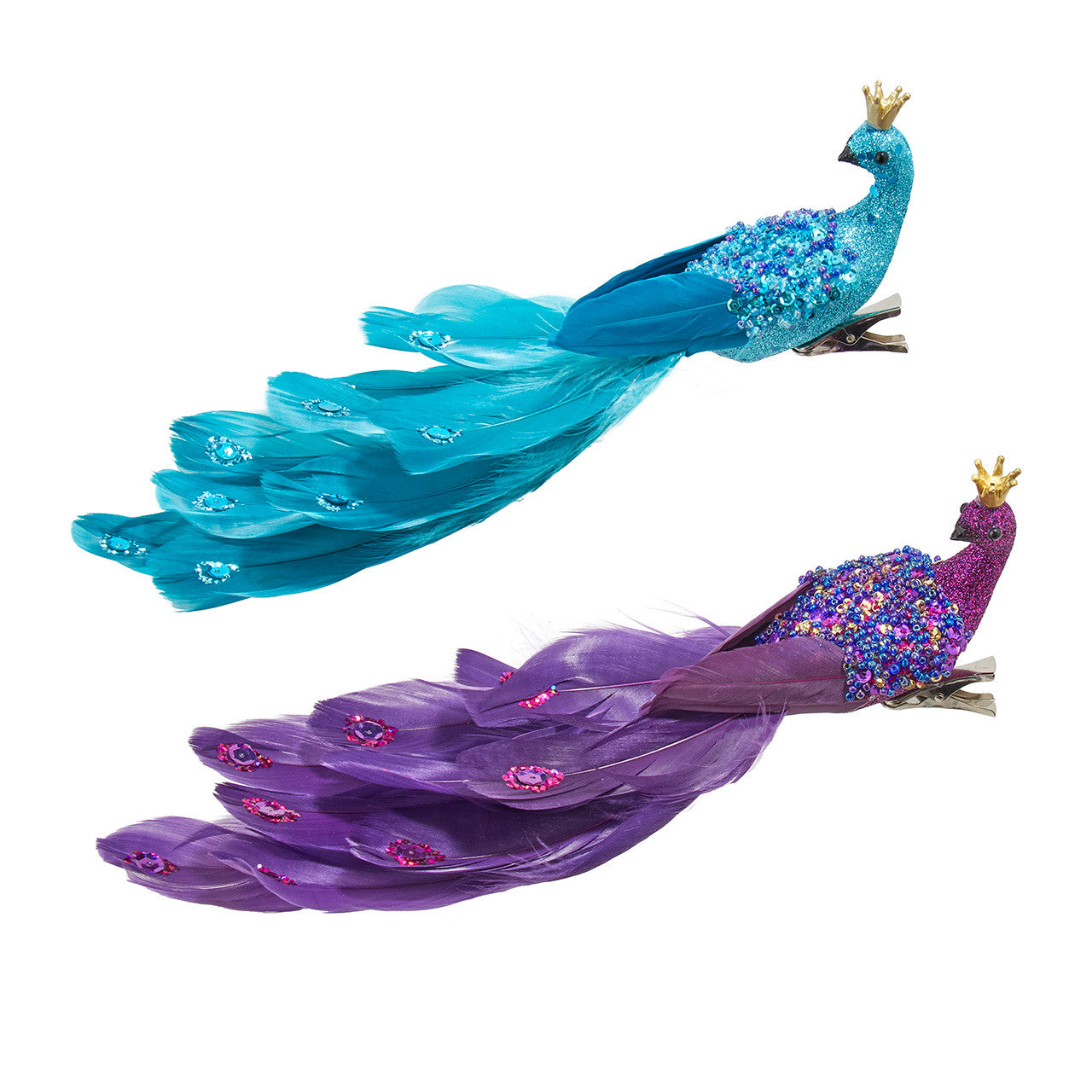 Purple & Blue Peacock With Gold Crown Clip-On Ornaments