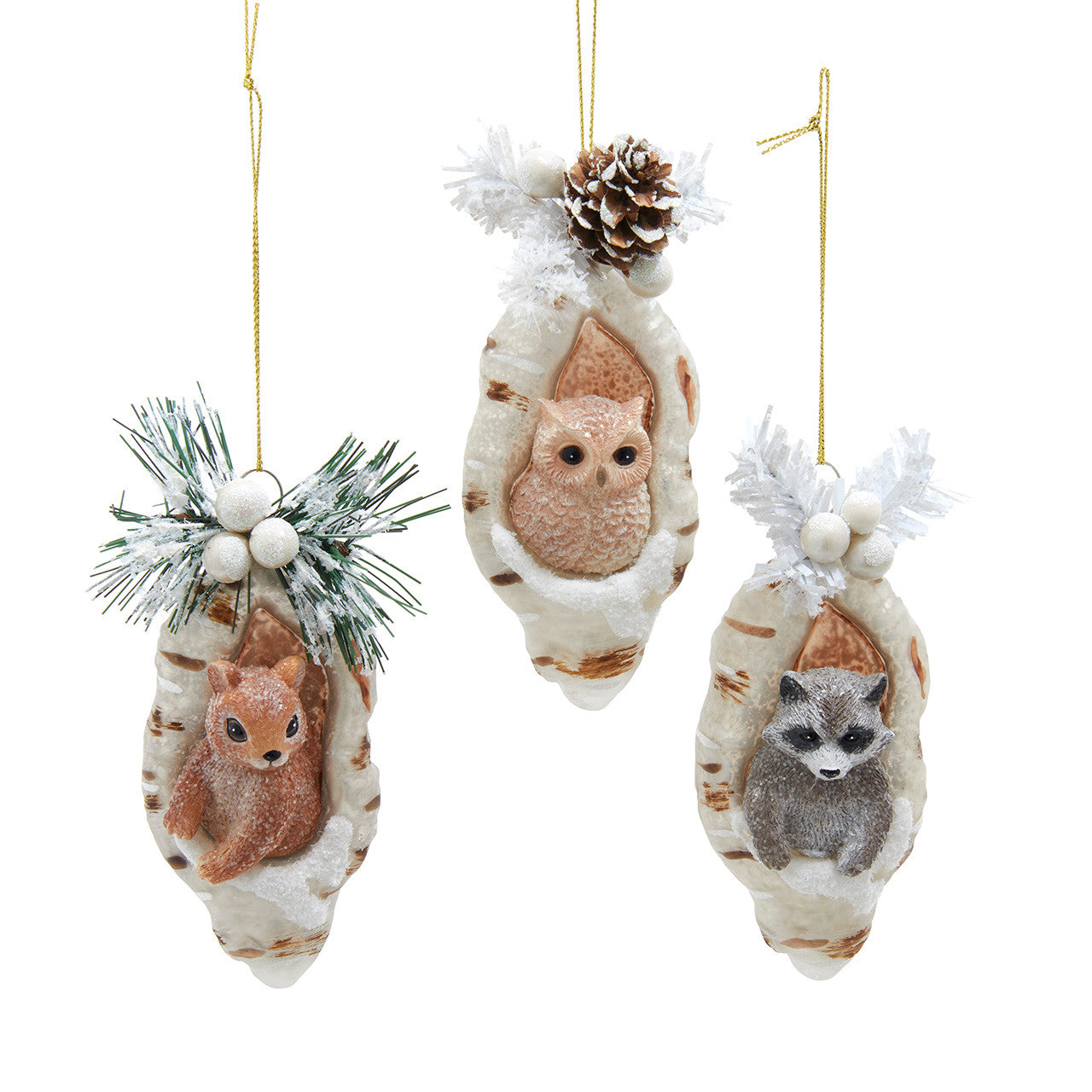 Glass Owl, Raccoon & Squirrel In Tree Ornaments
