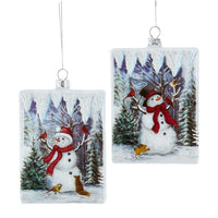 Glass Rectangle Snowman Forest Scene Ornaments