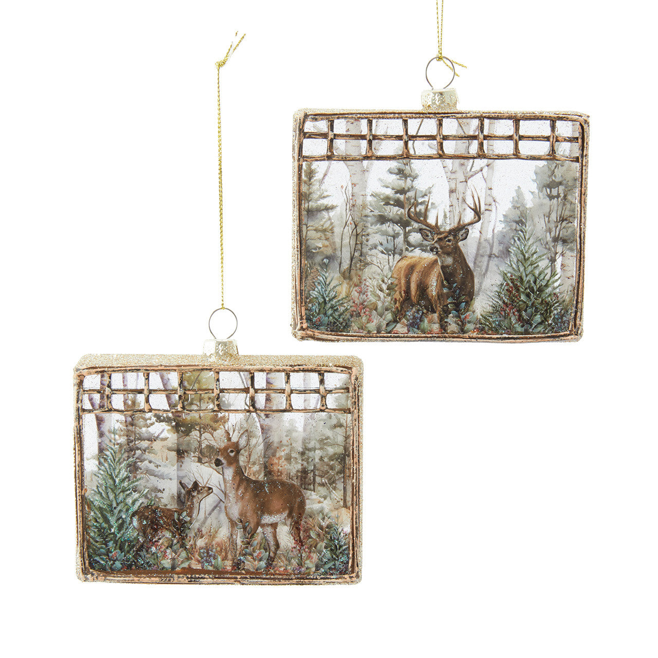 Glass Rectangle Deer Winter Forest Scene Ornaments
