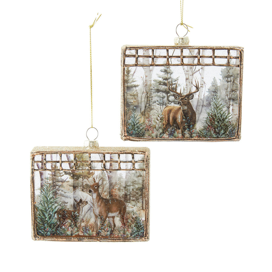 Glass Rectangle Deer Winter Forest Scene Ornaments
