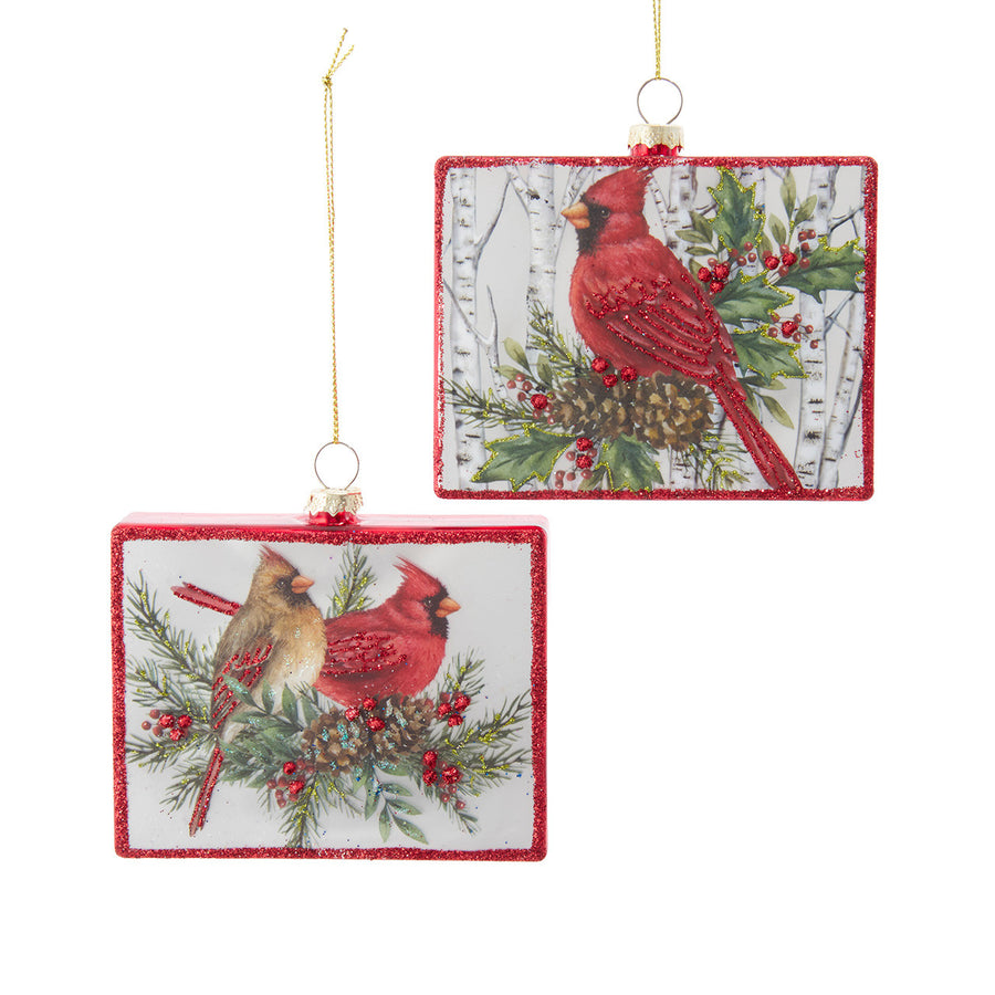 Glass Rectangle Cardinal Winter Branch Scene Ornaments