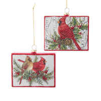 Glass Rectangle Cardinal Winter Branch Scene Ornaments