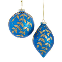 Glass Blue Ball & Finial With Gold Leaves Ornaments