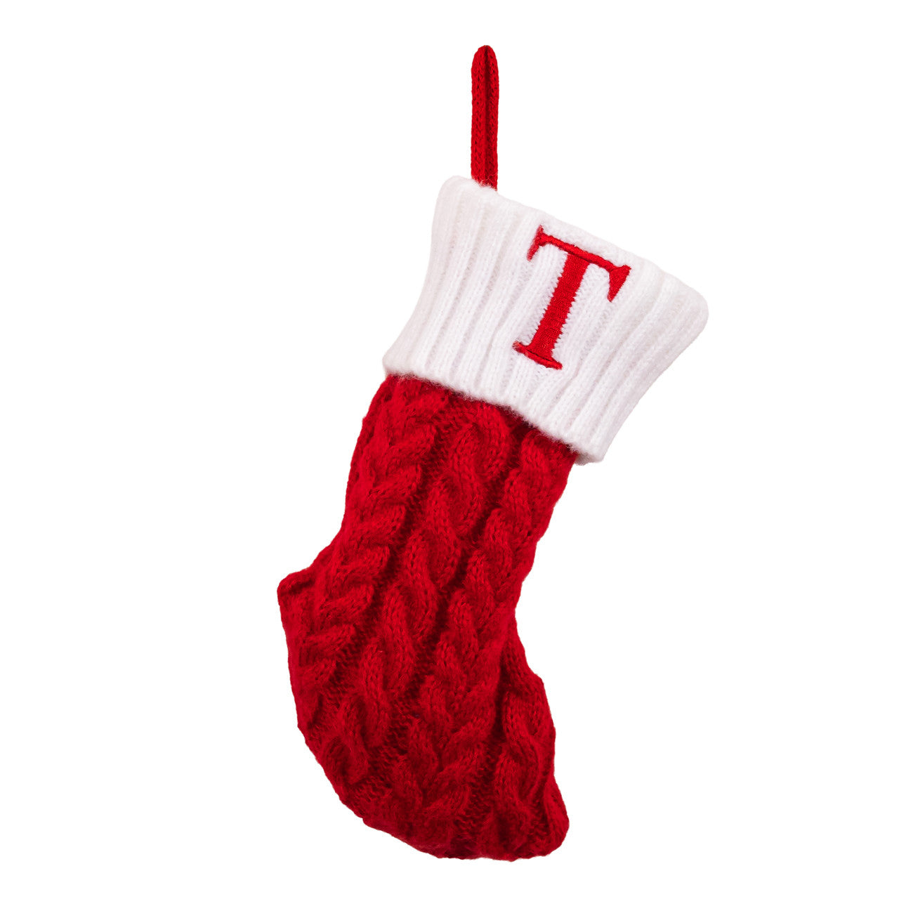 8.6" Red & White Knit Monogrammed "T" Miniature Stocking