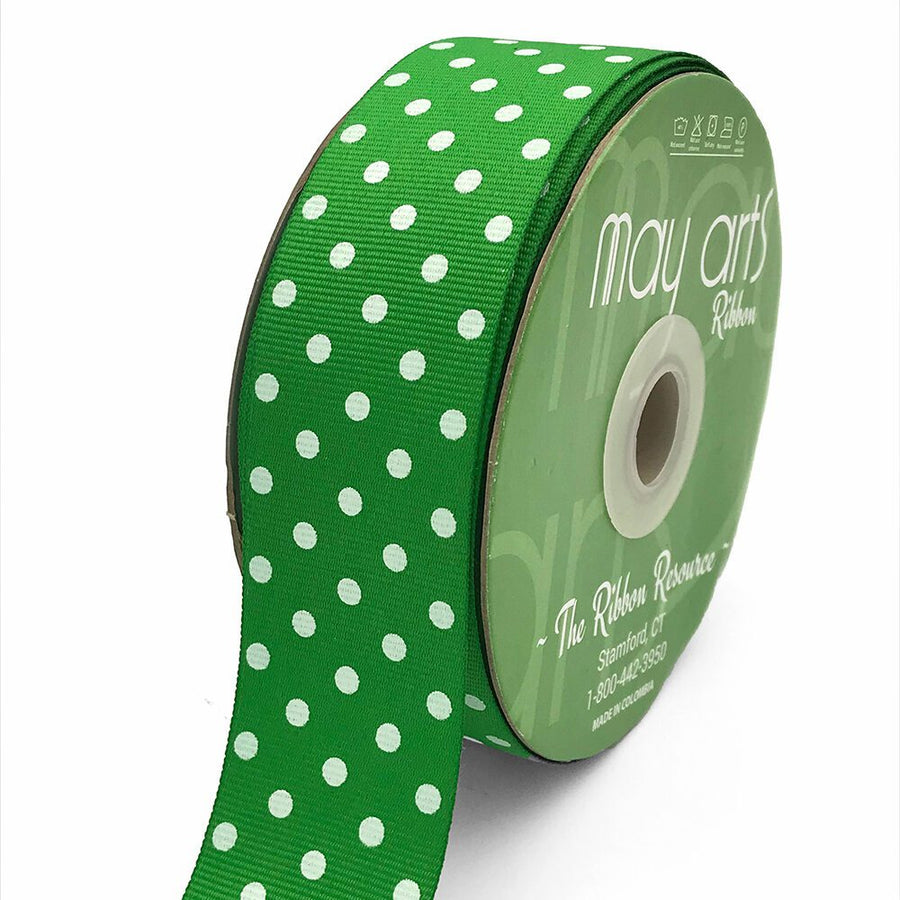 1.5 Inch Grosgrain Printed Dots Ribbon with Woven Edge – DD-5-15D GREEN/WHITE DOTS