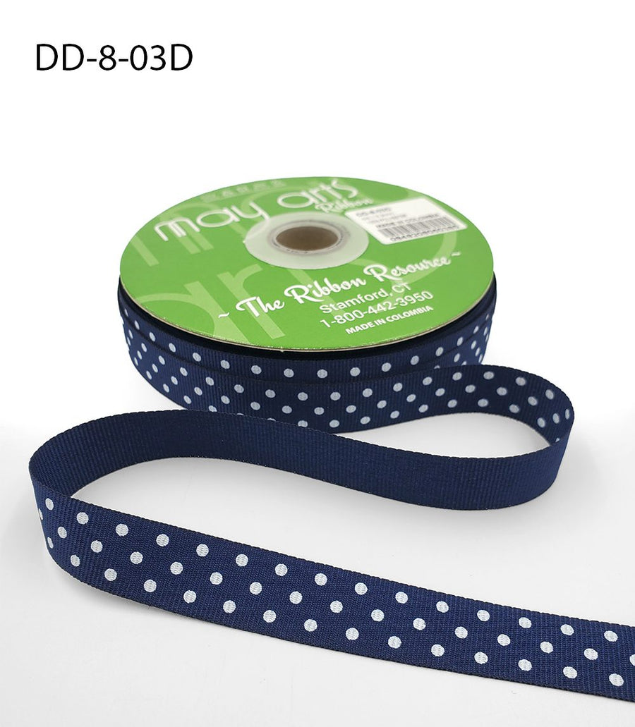 5/8 Inch Grosgrain Printed Dots Ribbon with Woven Edge – DD-8-03D NAVY/WHITE DOTS