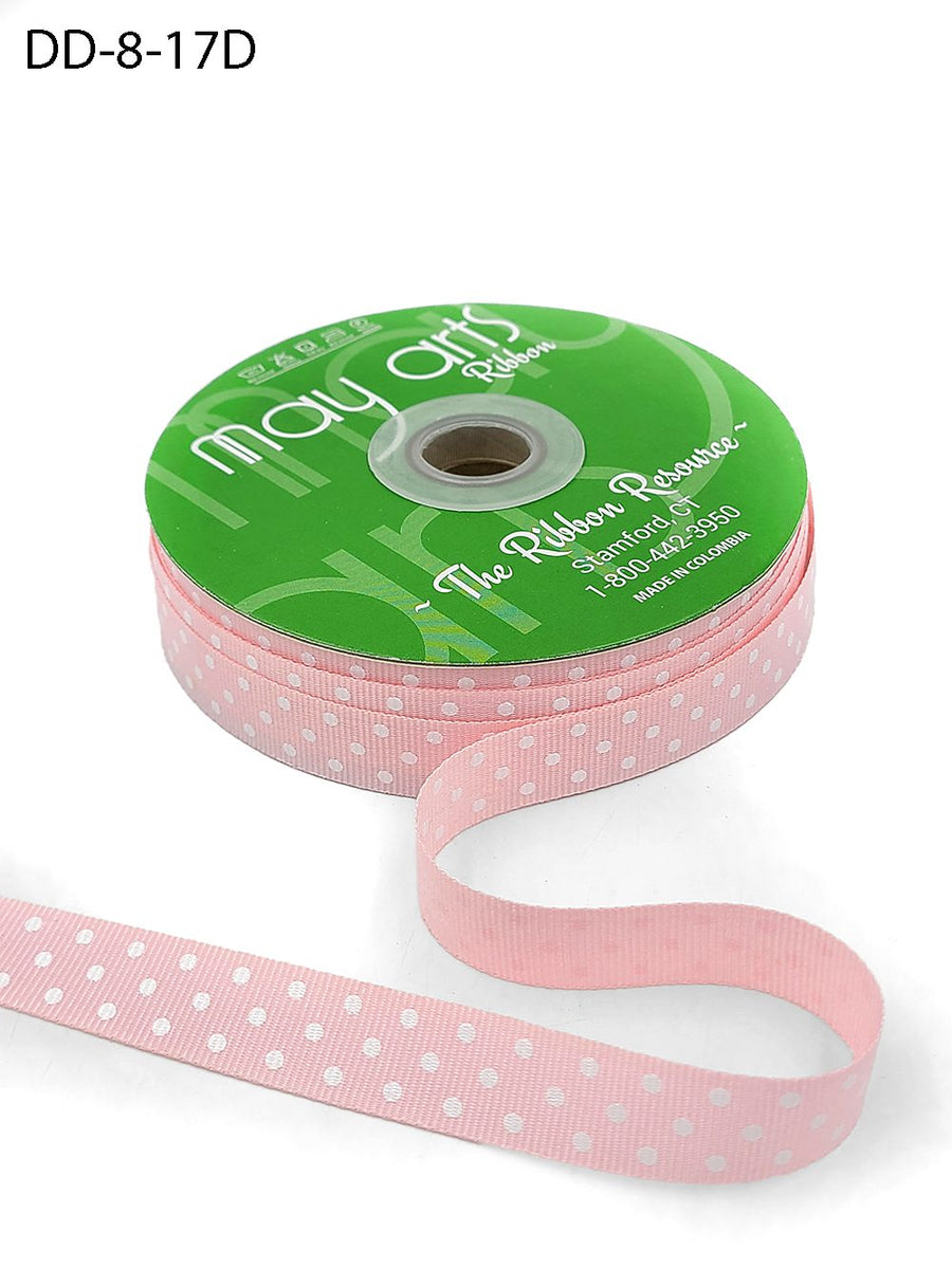 5/8 Inch Grosgrain Printed Dots Ribbon with Woven Edge – DD-8-17D PINK/WHITE DOTS