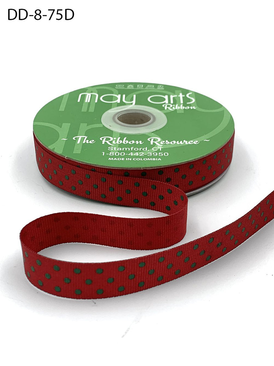 5/8 Inch Grosgrain Printed Dots Ribbon with Woven Edge – DD-8-75D RED/GREEN