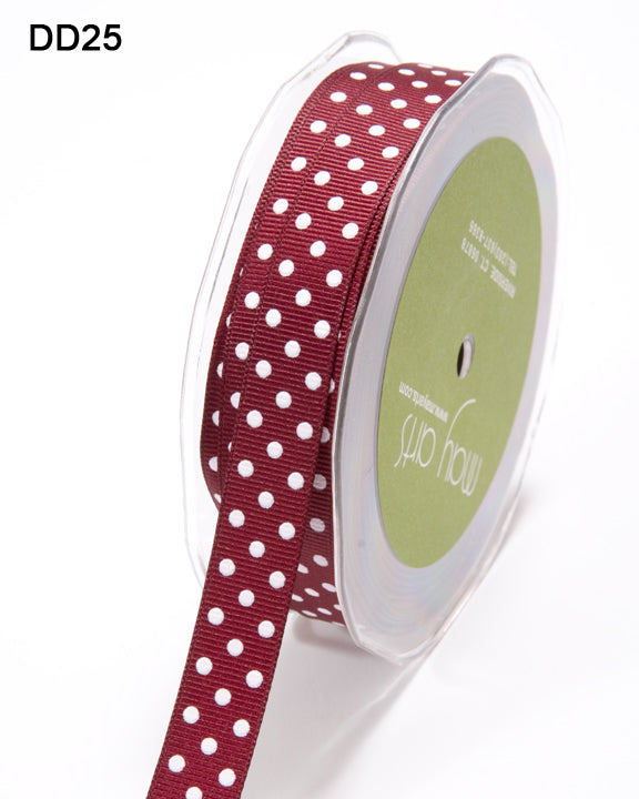 5/8 Inch Grosgrain Printed Dots Ribbon with Woven Edge – DD-8-25 – BURGUNDY/WHITE DOTS