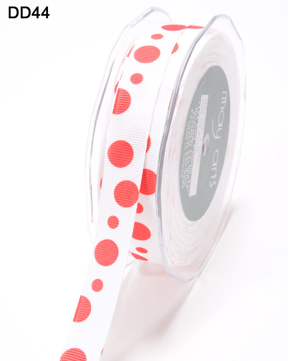 5/8 Inch Grosgrain Printed Dots Ribbon with Woven Edge – DD-8-44 – WHITE/RED DOTS
