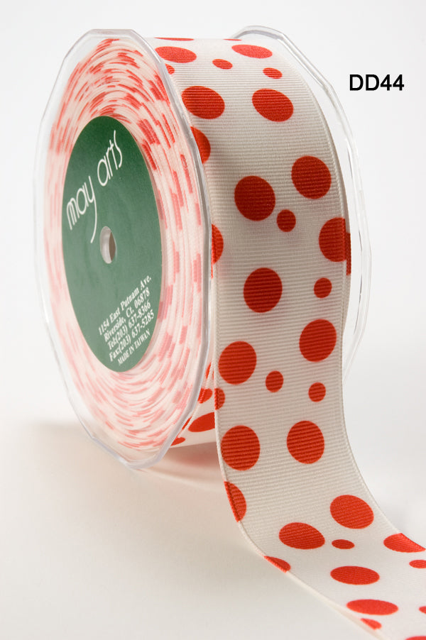 1.5 Inch Grosgrain Printed Dots Ribbon with Woven Edge – DD-5-44 WHITE/RED DOTS
