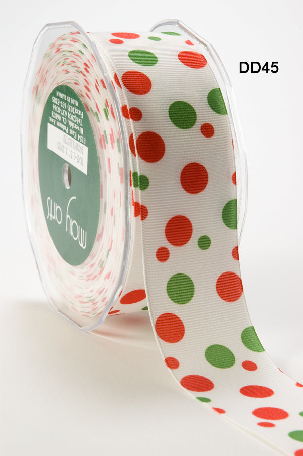1.5 Inch Grosgrain Printed Dots Ribbon with Woven Edge – DD-5-45 WHITE/RED, GREEN DOTS