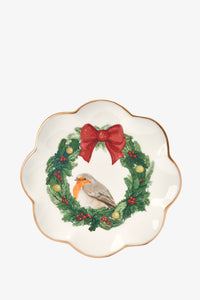 Desert Plate With Xmas Robin Wreath Decal