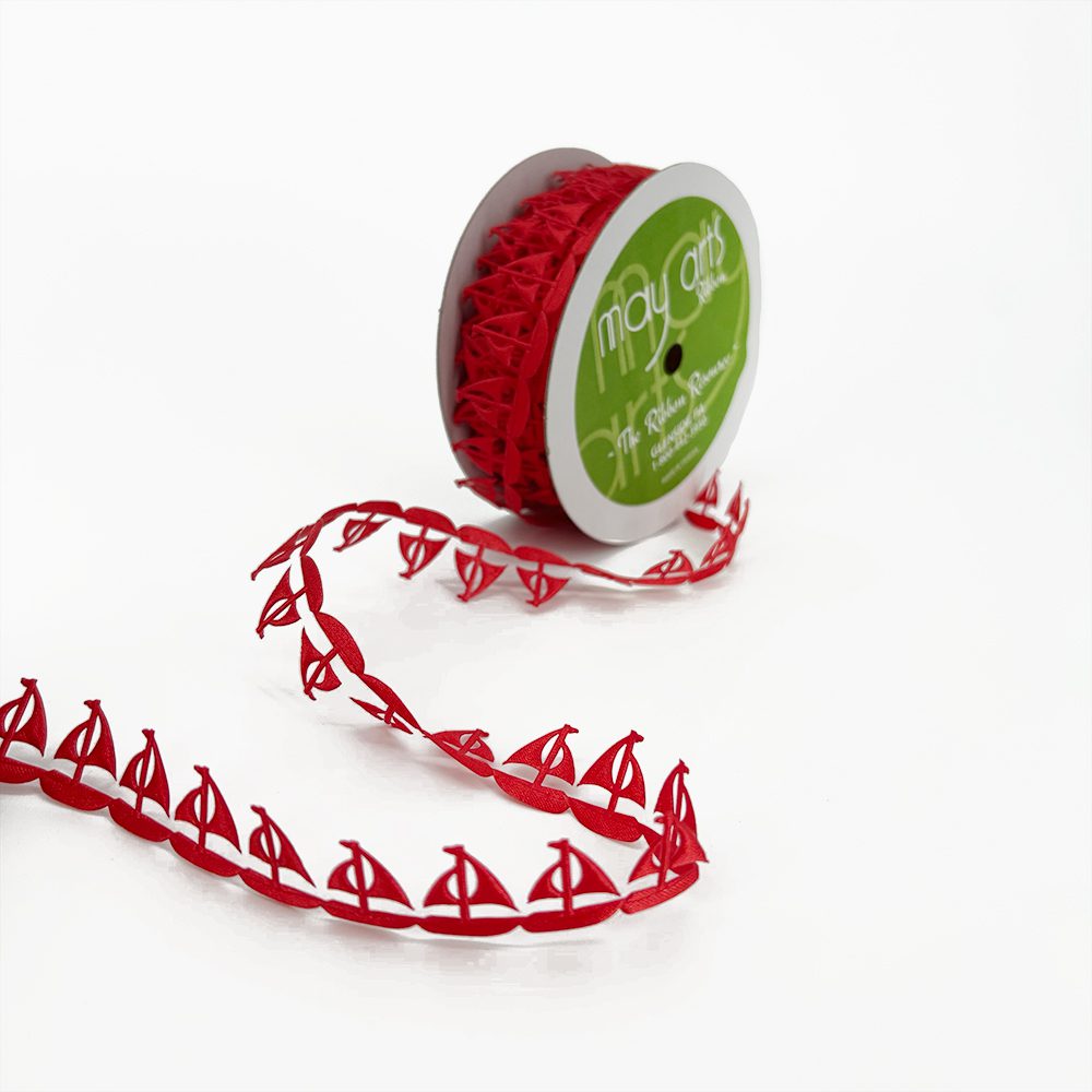 3/4 Inch Original Satin Cut Out Banner Ribbon with Cut Sealed Edge – EX04 RED SAILBOATS