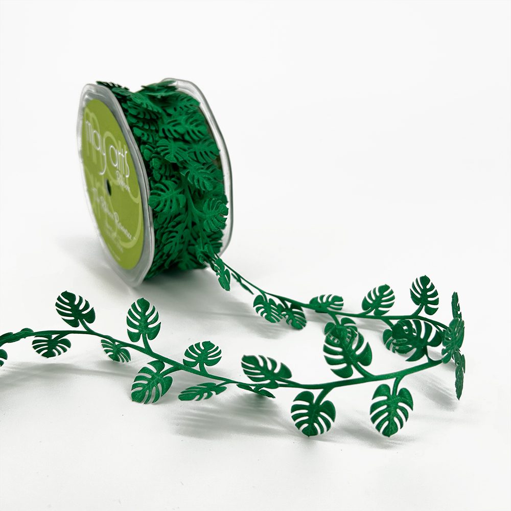 3/4 Inch Original Satin Cut Out Banner Ribbon with Cut Sealed Edge – EX06 GREEN TROPICAL LEAF