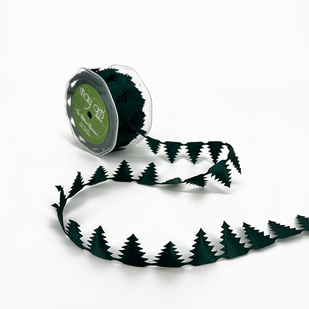 3/4 Inch Original Satin Cut Out Banner Ribbon with Cut Sealed Edge – EX15 GREEN XMAS TREES