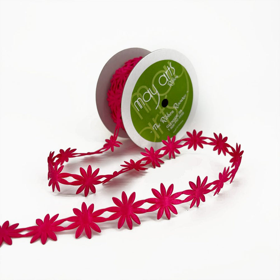 3/4 Inch Original Satin Cut Out Banner Ribbon with Cut Sealed Edge – EX22 FUCHSIA DAISIES