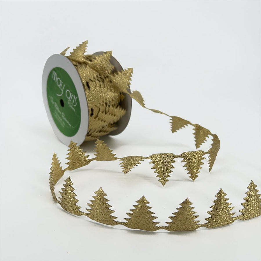 3/4 Inch Original Satin Cut Out Banner Ribbon with Cut Sealed Edge – EX30 GOLD XMAS TREES