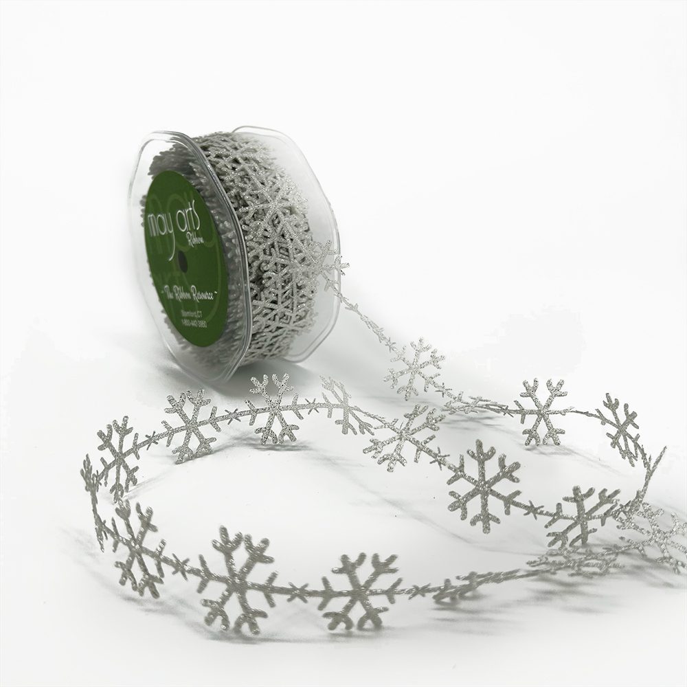 3/4 Inch Original Satin Cut Out Banner Ribbon with Cut Sealed Edge – EX31 METALLIC SILVER SNOWFLAKES
