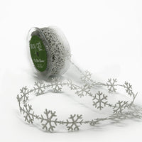 3/4 Inch Original Satin Cut Out Banner Ribbon with Cut Sealed Edge – EX31 METALLIC SILVER SNOWFLAKES