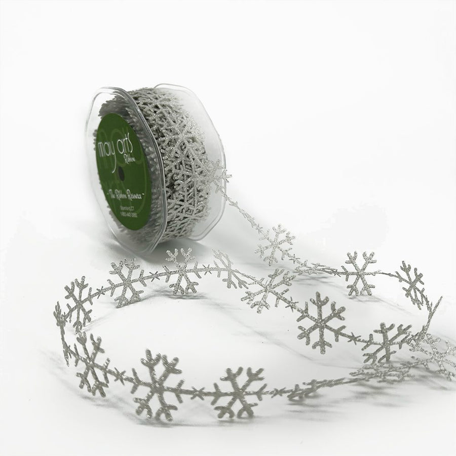 3/4 Inch Original Satin Cut Out Banner Ribbon with Cut Sealed Edge – EX31 METALLIC SILVER SNOWFLAKES
