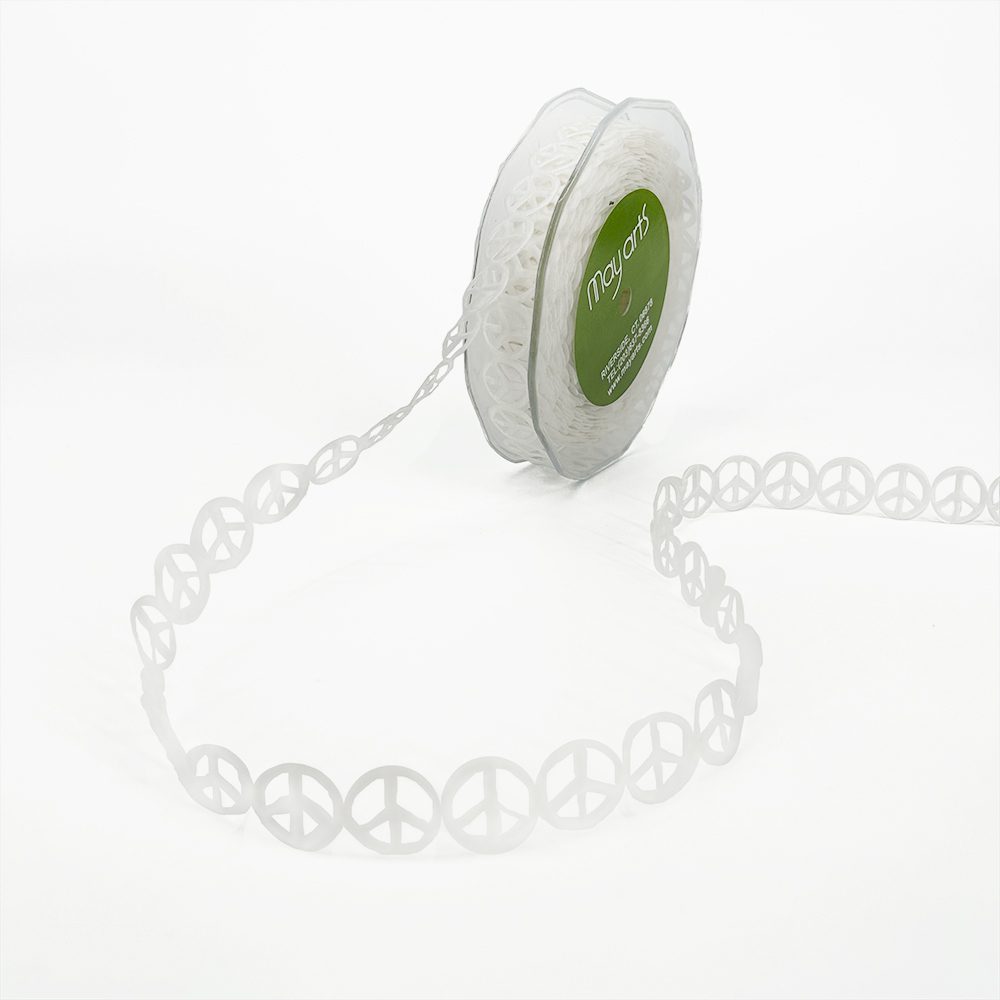 3/4 Inch Original Satin Cut Out Banner Ribbon with Cut Sealed Edge – EX71 WHITE PEACE SIGNS