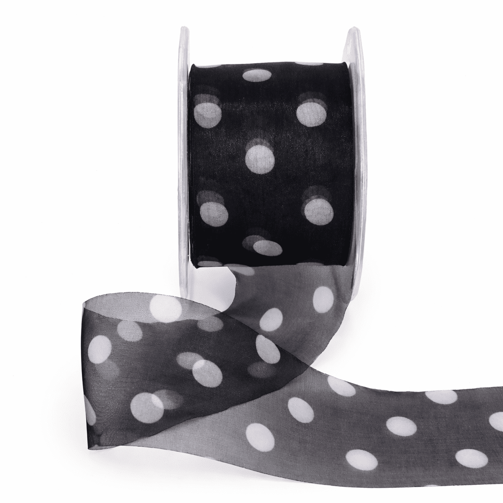 2 Inch Sheer with Print Ribbon With Cut Edge – F38 – BLACK/WHITE DOTS