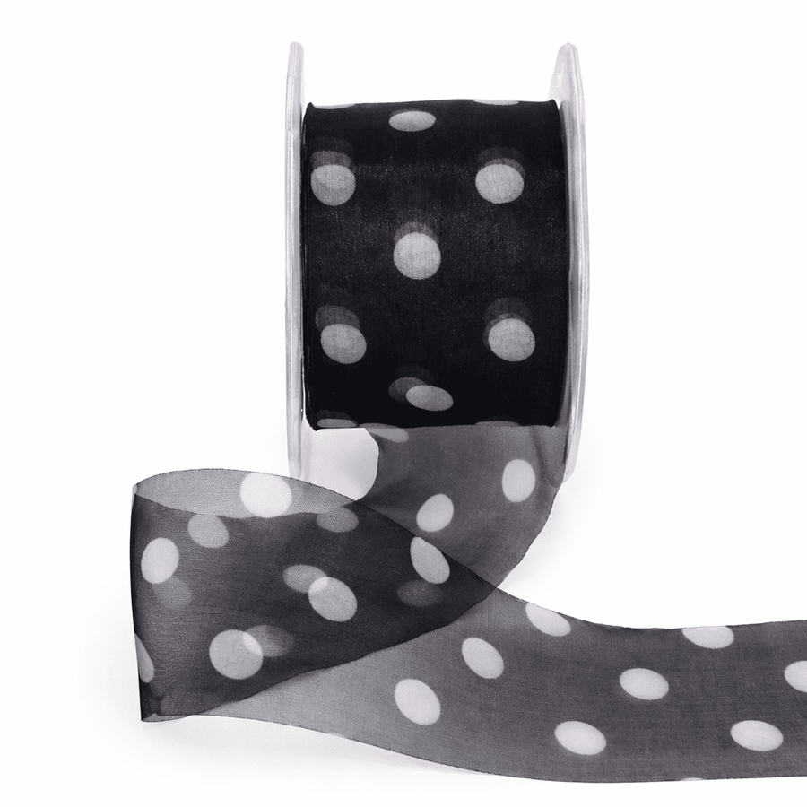 2 Inch Sheer with Print Ribbon With Cut Edge – F38 – BLACK/WHITE DOTS