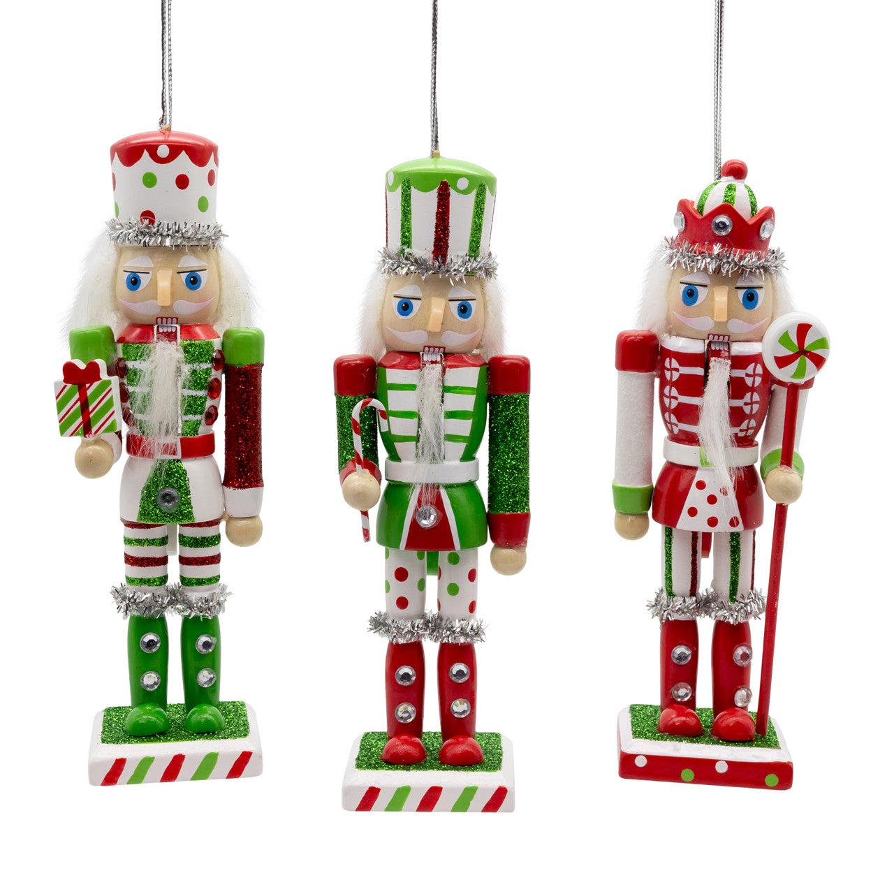 6" Red, Green & White With Stripes & Polka Dots Nutcracker Ornaments