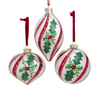 Glass Ball, Onion, Drop With Holly Ornaments