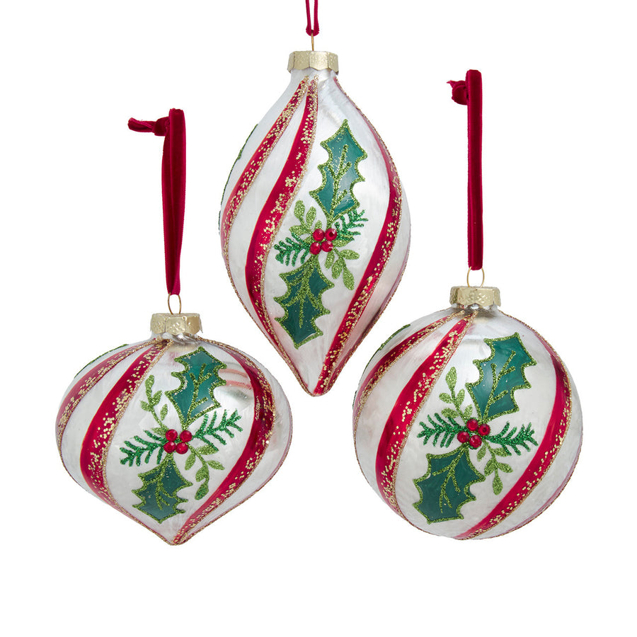 Glass Ball, Onion, Drop With Holly Ornaments
