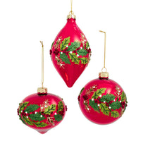Glass Red Ball, Onion, Drop With Holly Ornaments