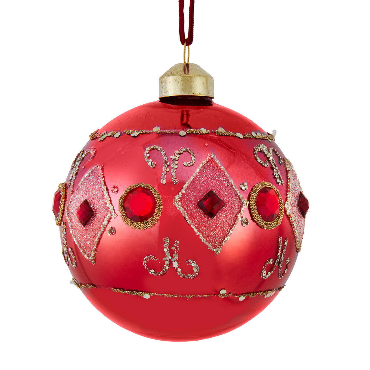 Glass Rose Red Diamond Pattern Ball Ornament