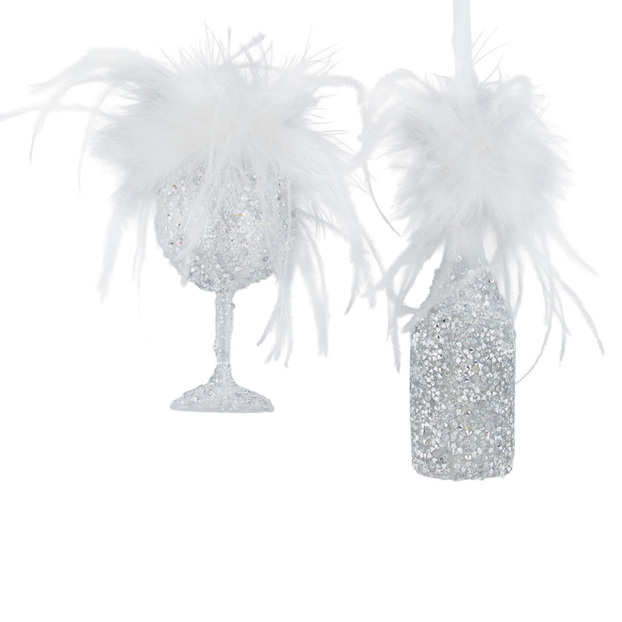 Glass Champagne Bottle & Cup With Feathers Ornaments