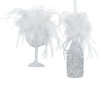 Glass Champagne Bottle & Cup With Feathers Ornaments