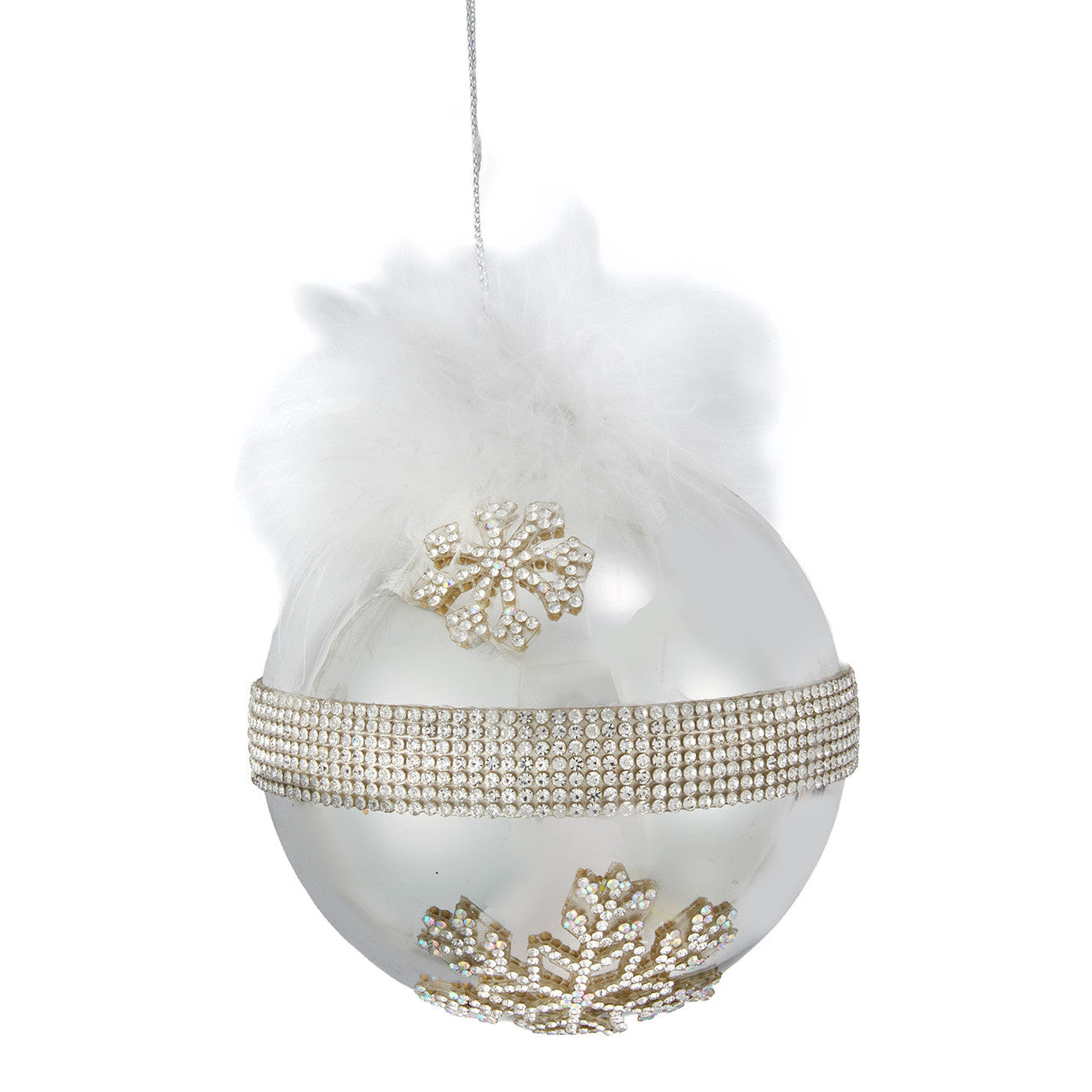 Bedazzled™ Glass Silver Snowflake With Feather Ball Ornament