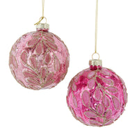 Glass Pink With Leaf Design Ball Ornaments