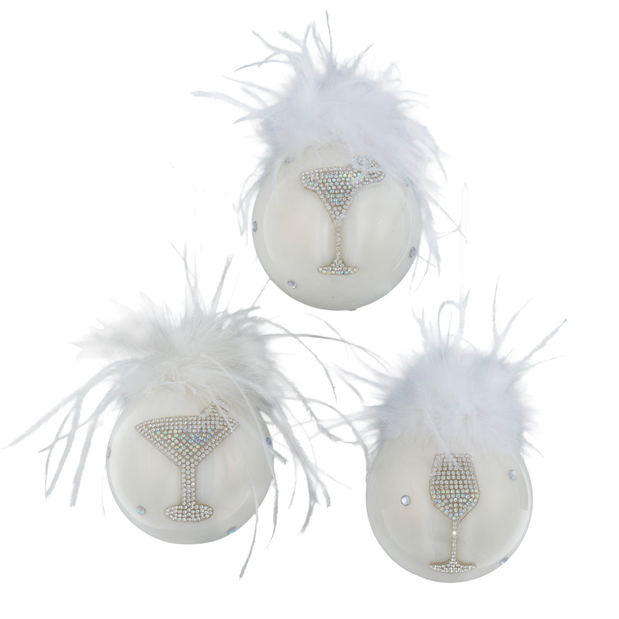 Glass White Ball With Bedazzled™ Drinks & Feathers Ornaments