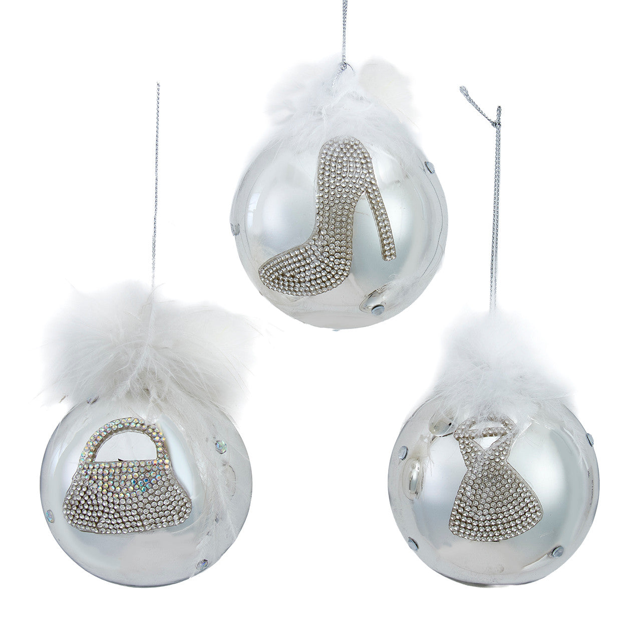 Glass Silver Bedazzled™ With Feather Ball Ornaments