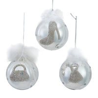 Glass Silver Bedazzled™ With Feather Ball Ornaments