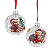 Glass Pearlized White With Teddy Bear Decal Ball Ornaments