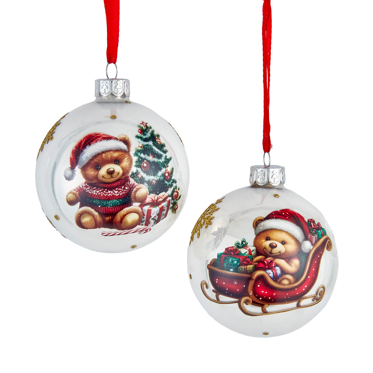 Glass Pearlized White With Teddy Bear Decal Ball Ornaments