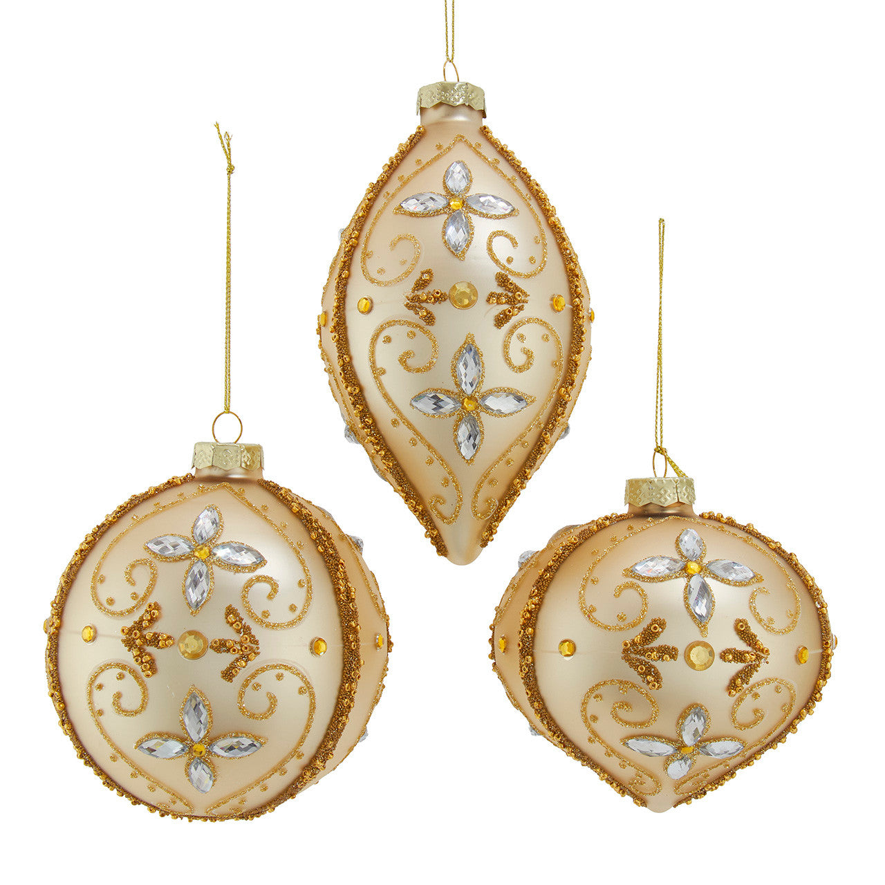 Glass Gold With Gemstones & Glitter Ball, Onion & Drop Ornaments