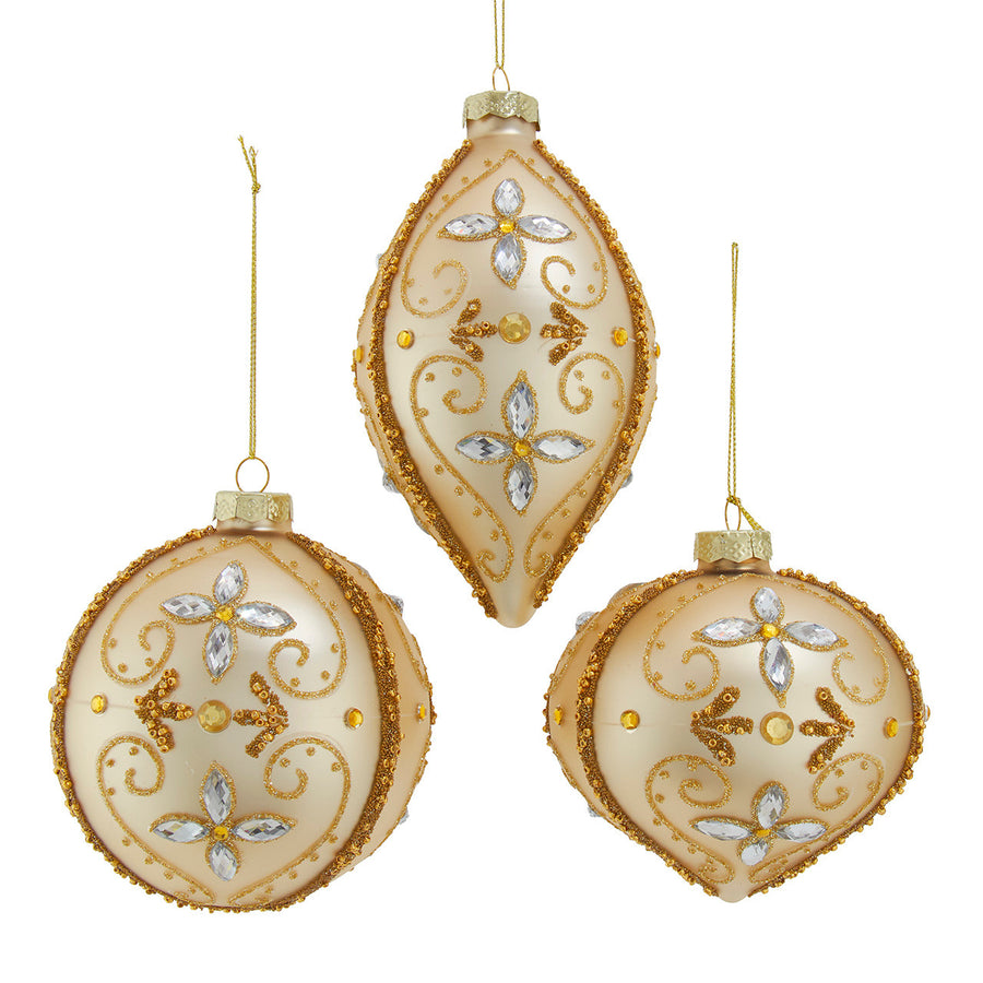 Glass Gold With Gemstones & Glitter Ball, Onion & Drop Ornaments